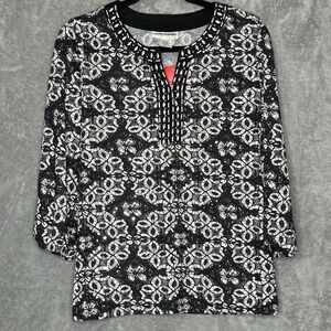 Cathy Daniels XL Top Shirt Black Paisley Split Scoop Neck 3/4 Sleeve Stretch